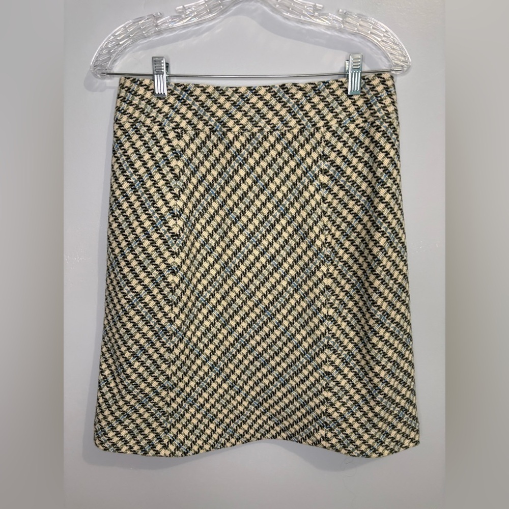 Ann Taylor Women’s Size 4 Skirt Wool-Blend Lined Cream Green Blue Houndstooth - Picture 1 of 16